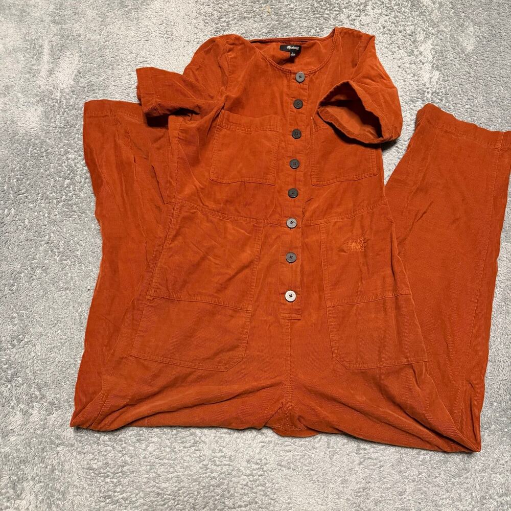Madewell Jumpsuit Womens 4 Orange Corduroy Puff-Sleeve Button Front
